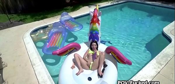  Fucking girlfriend on inflatable pool swan